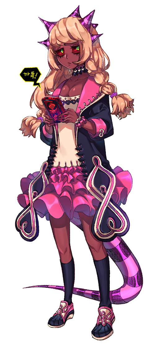 1girl, black_footwear, black_legwear, blonde_hair, braid, breasts, cellphone, choker, dark_skin, full_body, green_eyes, horns, jacket, kneehighs, long_hair, looking_at_viewer, monster_girl, original, phone, pink_skirt, red_sclera, shoes, skirt, small_breasts, smartphone, sneakers, standing, tail, twin_braids, two_side_up, vasabello_(nok)