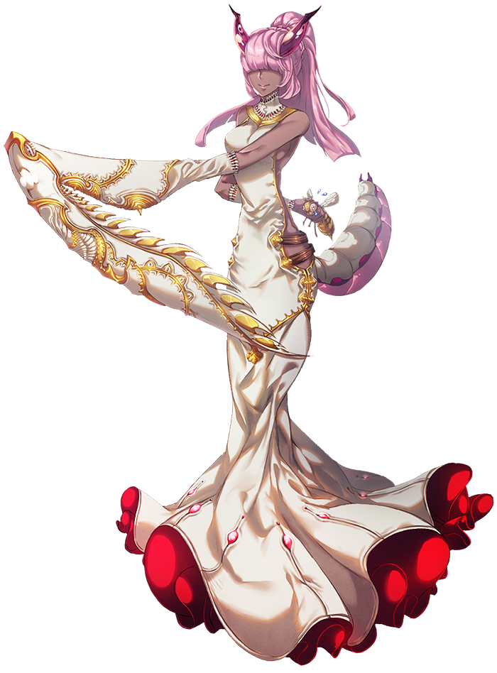 1girl, dark_skin, detached_sleeves, dress, full_body, hair_over_eyes, horns, insect_girl