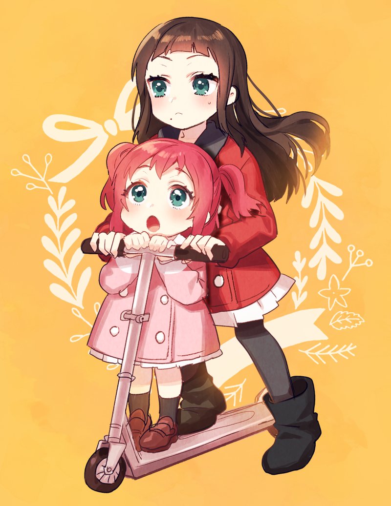 2girls, :<, :o, bangs, black_hair, blunt_bangs, blush, boots
