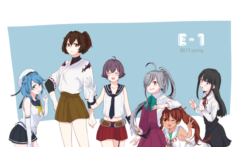 6+girls, achii_adachi, ahoge, arashio_(kantai_collection), asashimo_(kantai_collection), black_hair, blazer, blue_background, blue_eyes, blue_hair, brown_eyes, brown_hair, brown_skirt, closed_eyes, cowboy_shot, dress, hair_over_one_eye, hat, highres, ise_(kantai_collection), jacket, kantai_collection, libeccio_(kantai_collection), long_hair, multiple_girls, pinafore_dress, pleated_skirt, purple_hair, red_skirt, sailor_dress, sailor_hat, sakawa_(kantai_collection), school_uniform, short_hair, silver_hair, skirt, sleeves_rolled_up, standing, urakaze_(kantai_collection)
