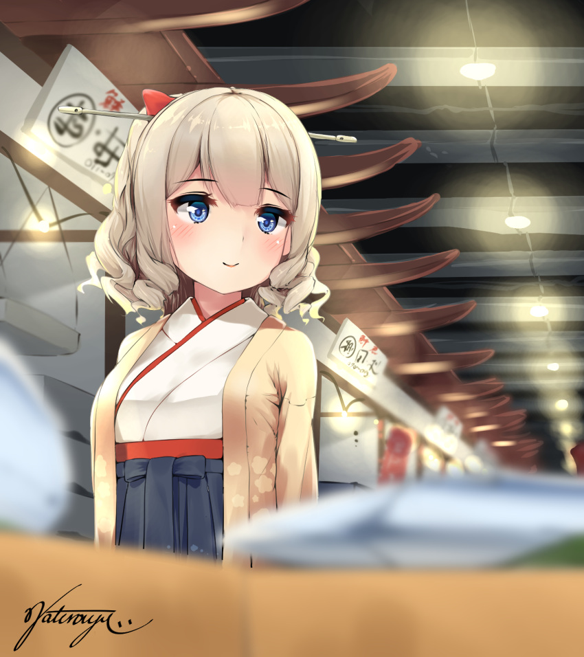 1girl, black_hakama, blue_eyes, blurry, depth_of_field, drill_hair, fish, hair_between_eyes