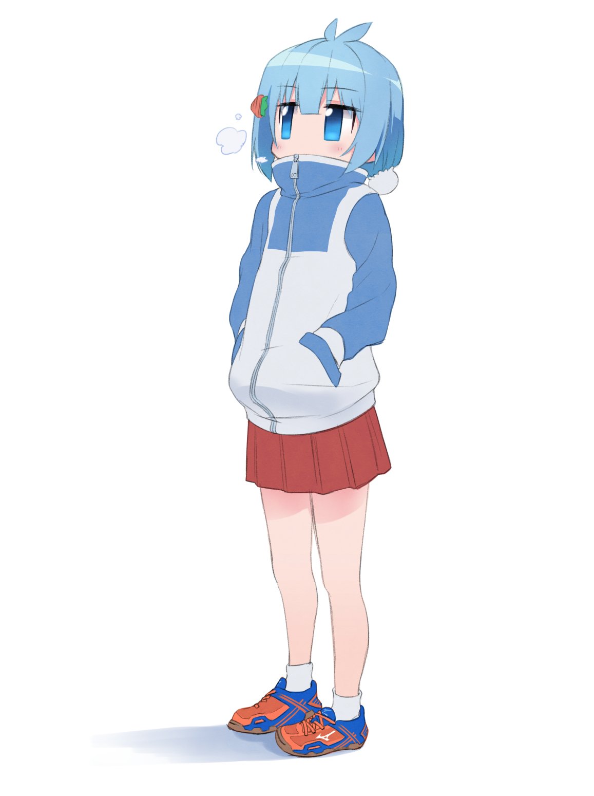 1girl, blue_eyes, blue_hair, blush, covered_mouth, eyebrows_visible_through_hair, full_body, hands_in_pockets