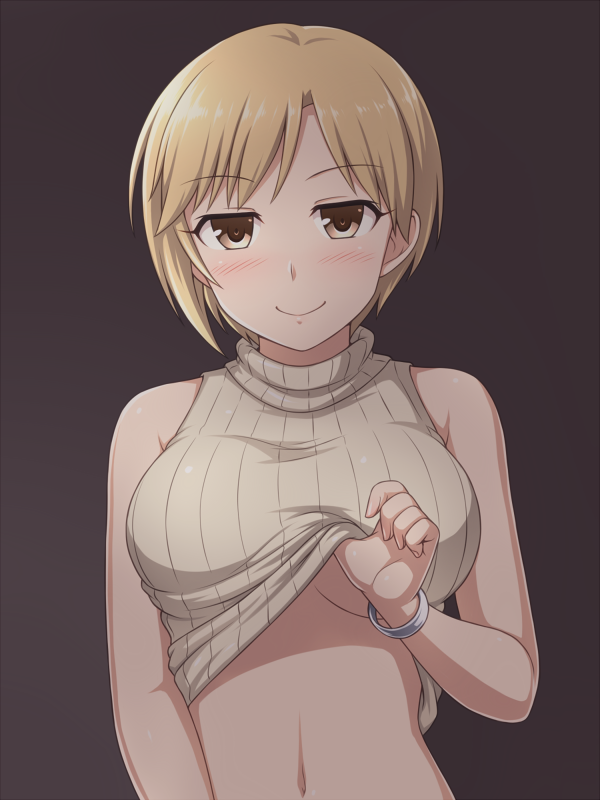 1girl, aiba_yumi, bangle, bare_arms, bare_shoulders, black_background, blonde_hair, blush