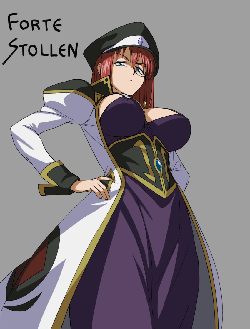 1girl, black_dress, breasts, character_name, coat, corset, dress, forte_stollen