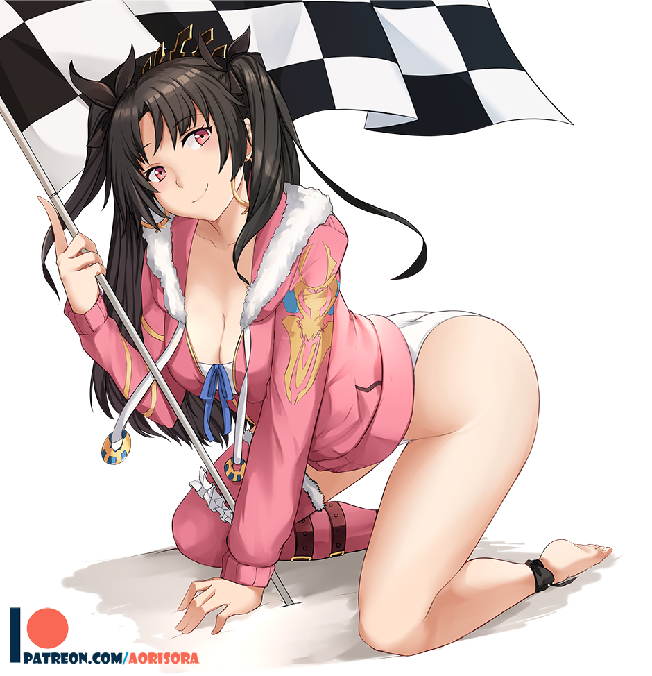 1girl, all_fours, aori_sora, arm_support, asymmetrical_legwear, bangs, barefoot, black_hair, breasts, cleavage, closed_mouth, eyebrows_visible_through_hair, fate/grand_order, fate_(series), flag, fur-trimmed_hood, fur-trimmed_legwear, fur_trim, holding_flag, hood, hood_down, hoodie, index_finger_raised, ishtar_(fate/grand_order), kneeling, large_breasts, leg_belt, long_hair, panties, patreon_logo, patreon_username, pink_eyes, pink_hoodie, simple_background, single_thighhigh, smile, solo, thigh-highs, tohsaka_rin, two_side_up, underwear, white_background, white_panties