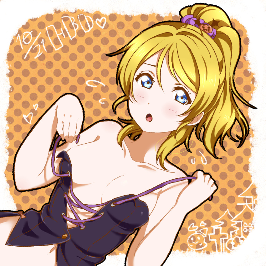 1girl, :o, ayase_eli, bangs, bare_arms, bare_shoulders, blonde_hair, blue_eyes, blush, breasts, breasts_apart, collarbone, corset, flying_sweatdrops, food_themed_hair_ornament, hair_ornament, hair_scrunchie, happy_birthday, heart, highres, looking_at_viewer, love_live!, love_live!_school_idol_project, navel, open_mouth, polka_dot, polka_dot_background, ponytail, pumpkin_hair_ornament, scrunchie, sidelocks, small_breasts, sooki, stomach, swept_bangs, tareme, undressing, upper_body