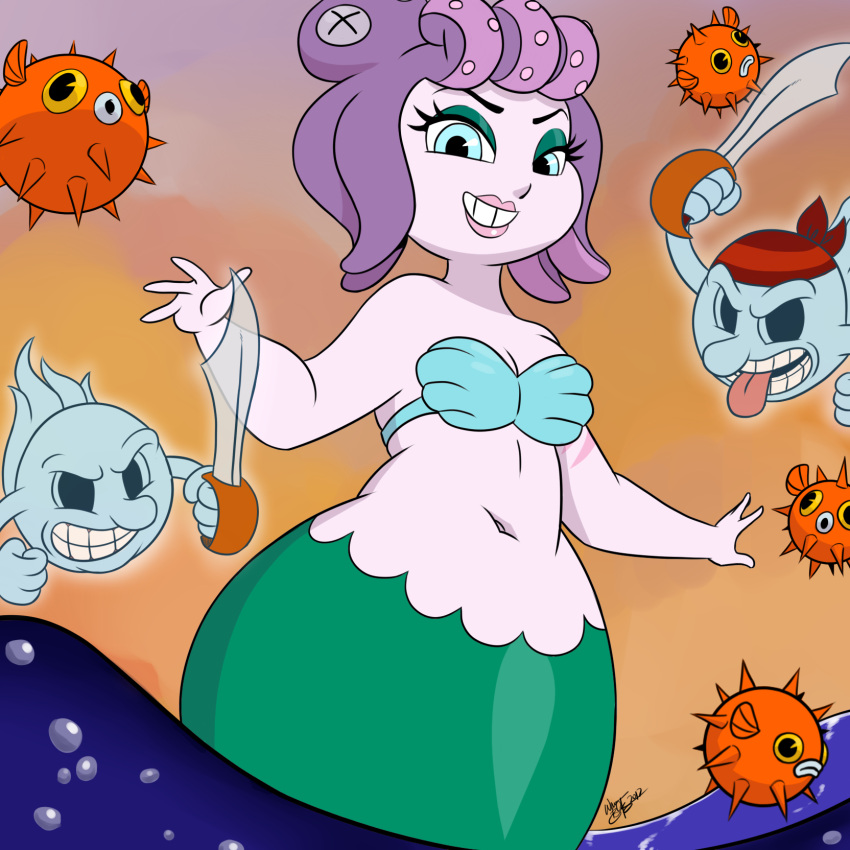 1girl, belly, blue_eyes, blush, breasts, cala_maria_(cuphead), cuphead_(game), curvy