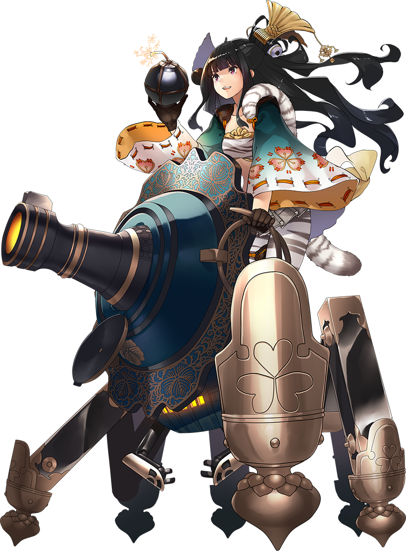 1girl, artist_request, bangs, black_hair, blunt_bangs, cannon, full_body, gloves