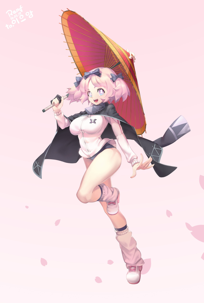+_+, 1girl, absurdres, accessories_switch, blue_eyes, bow, breasts, buruma, cape, commentary_request, hair_bow, hibari_(senran_kagura), highres, jacket, large_breasts, looking_at_viewer, open_mouth, pink_hair, renf_ran, revision, senran_kagura, senran_kagura_(series), short_hair, short_twintails, smile, solo, symbol-shaped_pupils, track_jacket, twintails, umbrella, yagyuu_(senran_kagura)