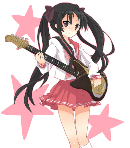 bad_id, bass_guitar, cosplay, guitar, hair_ribbon, hiiragi_kagami, hiiragi_kagami_(cosplay), instrument