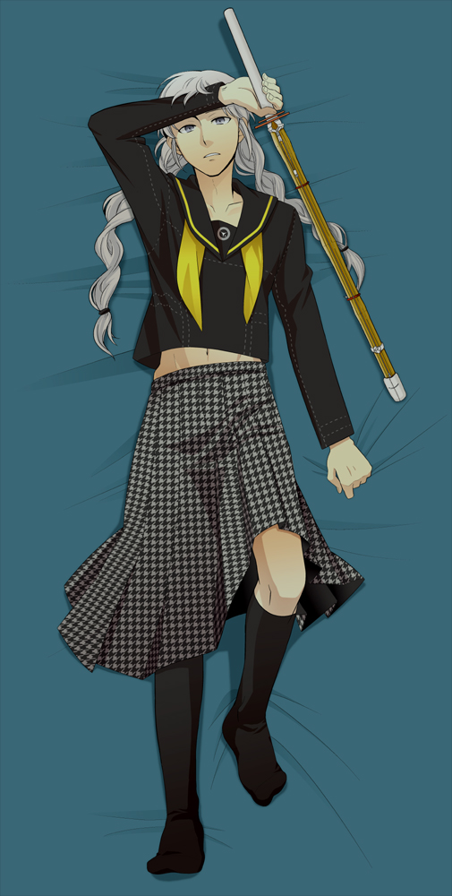 crossdressing, crossdressinging, dakimakura, grey_hair, long_hair, lying, male, manly