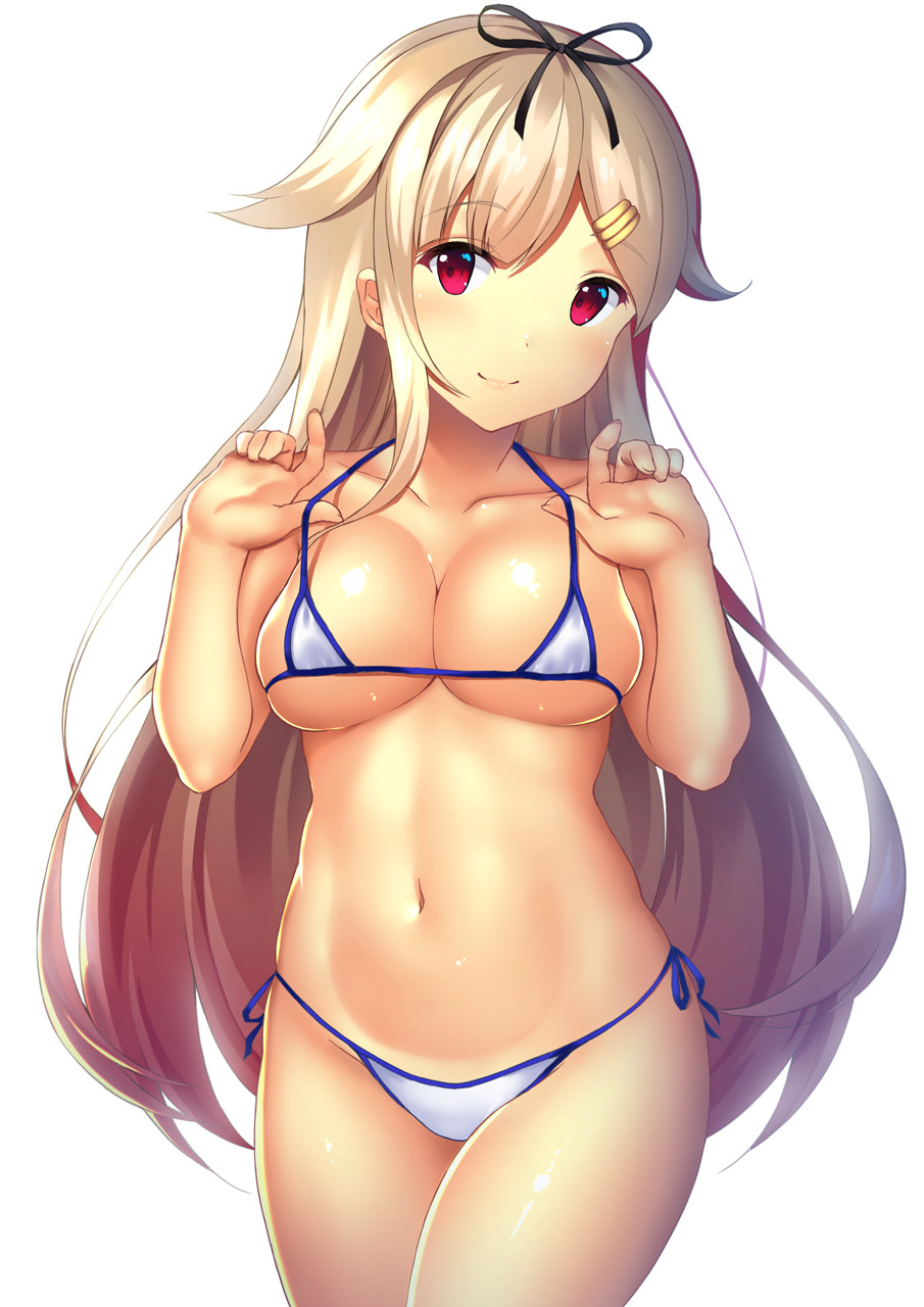1girl, bikini, breasts, cleavage, closed_mouth, cowboy_shot, eyebrows_visible_through_hair, hair_flaps
