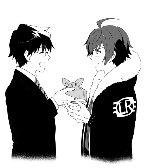 2boys, ahoge, amagase_touma, black_hair, blush, formal, fur_trim, glasses, idolmaster, idolmaster_(classic), idolmaster_side-m, jacket, male_focus, multiple_boys, necktie, obentou, producer_(idolmaster_anime), shirahata, short_hair, smile, suit