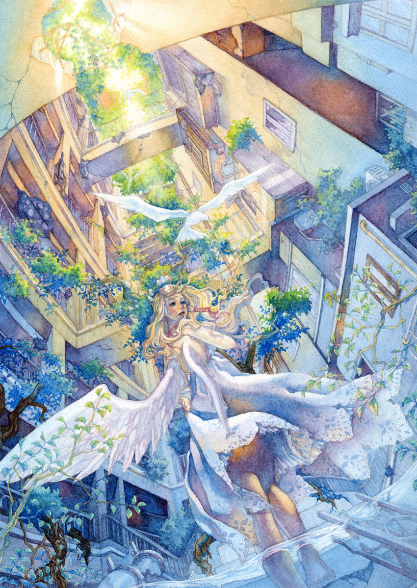 angel_wings, barefoot, blonde_hair, blue_eyes, building, city, dress, highres, long_hair, original, plant, scenery, shuka_(taupe), skirt, sky, syuka, traditional_media, tree, walking, watercolor_(medium), wings