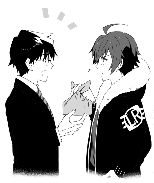 2boys, ahoge, amagase_touma, black_hair, blush, formal, fur_trim, glasses, idolmaster, idolmaster_(classic), idolmaster_side-m, jacket, male_focus, multiple_boys, necktie, obentou, producer_(idolmaster_anime), shirahata, short_hair, smile, suit, tsundere