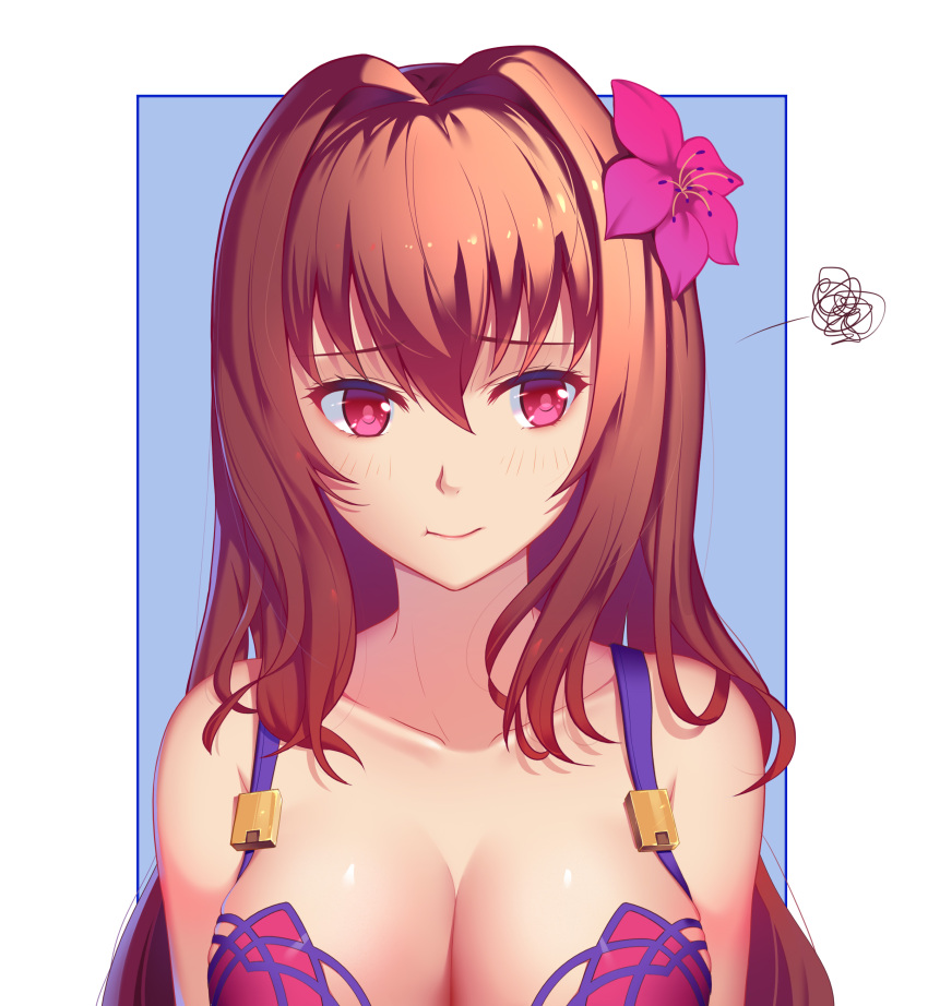 1girl, :t, absurdres, aira5, bangs, bare_shoulders, bikini_top, blue_background