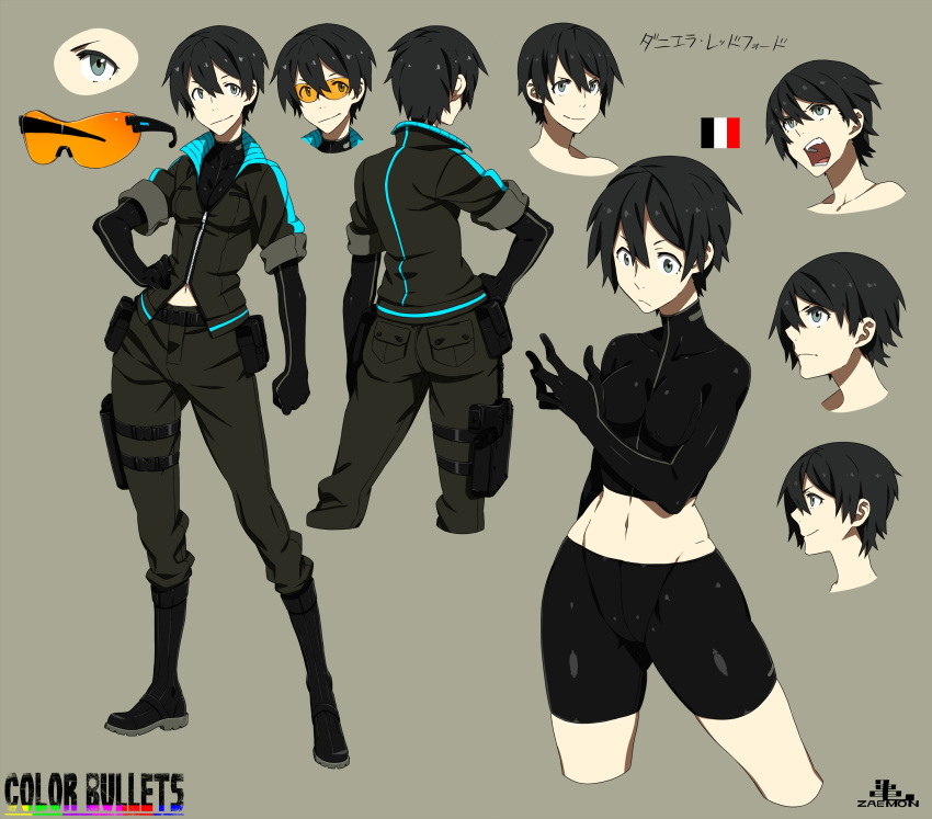 1girl, absurdres, bike_shorts, black_hair, boots, character_sheet, color_bullets, danielle_redford_(kamezaemon), grey_eyes, highres, kamezaemon, original, short_hair, solo, sunglasses