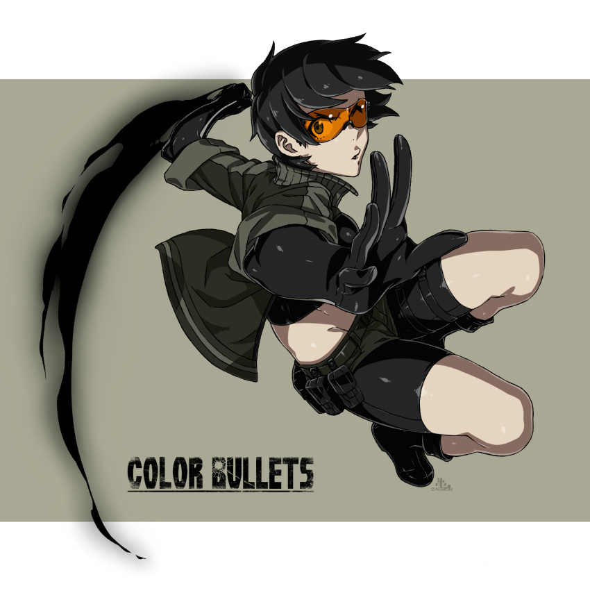 1girl, belt, bike_shorts, black_footwear, black_hair, boots, color_bullets, copyright_name, danielle_redford_(kamezaemon), gloves, highres, jacket, kamezaemon, midriff, military_jacket, one_eye_closed, original, pouch, short_hair, simple_background, solo, sunglasses