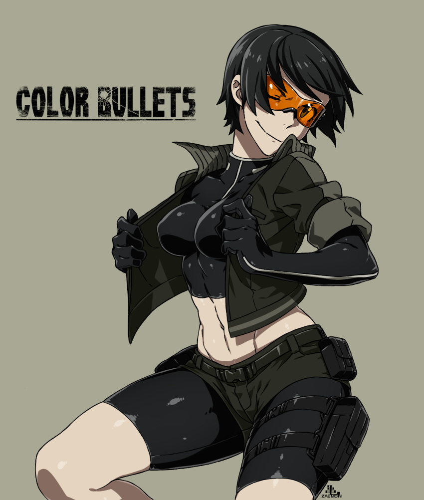 1girl, belt, bike_shorts, black_hair, color_bullets, copyright_name, danielle_redford_(kamezaemon), highres