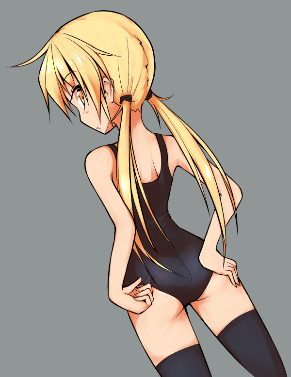 1girl, adjusting_clothes, adjusting_swimsuit, ahoge, alternate_costume, ass, bare_arms, bare_shoulders, black_swimsuit, blonde_hair, blush, cowboy_shot, dutch_angle, eyebrows_visible_through_hair, from_behind, grey_background, hair_tie, hand_in_swimsuit, hand_on_hip, ichidai_taisa, kantai_collection, legs_apart, long_hair, looking_at_viewer, looking_back, low_twintails, one-piece_swimsuit, satsuki_(kantai_collection), school_swimsuit, simple_background, solo, standing, swimsuit, thigh-highs, twintails, very_long_hair, yellow_eyes