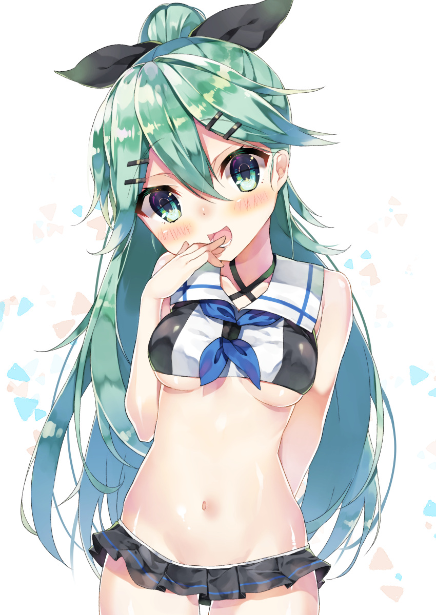 1girl, absurdres, arm_behind_back, bikini_skirt, blush, breasts, cowboy_shot, finger_to_mouth