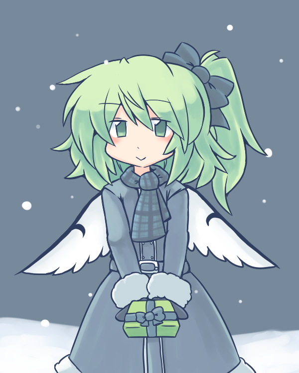 1girl, 216, :>, alternate_costume, belt, blue_background, blush, bow