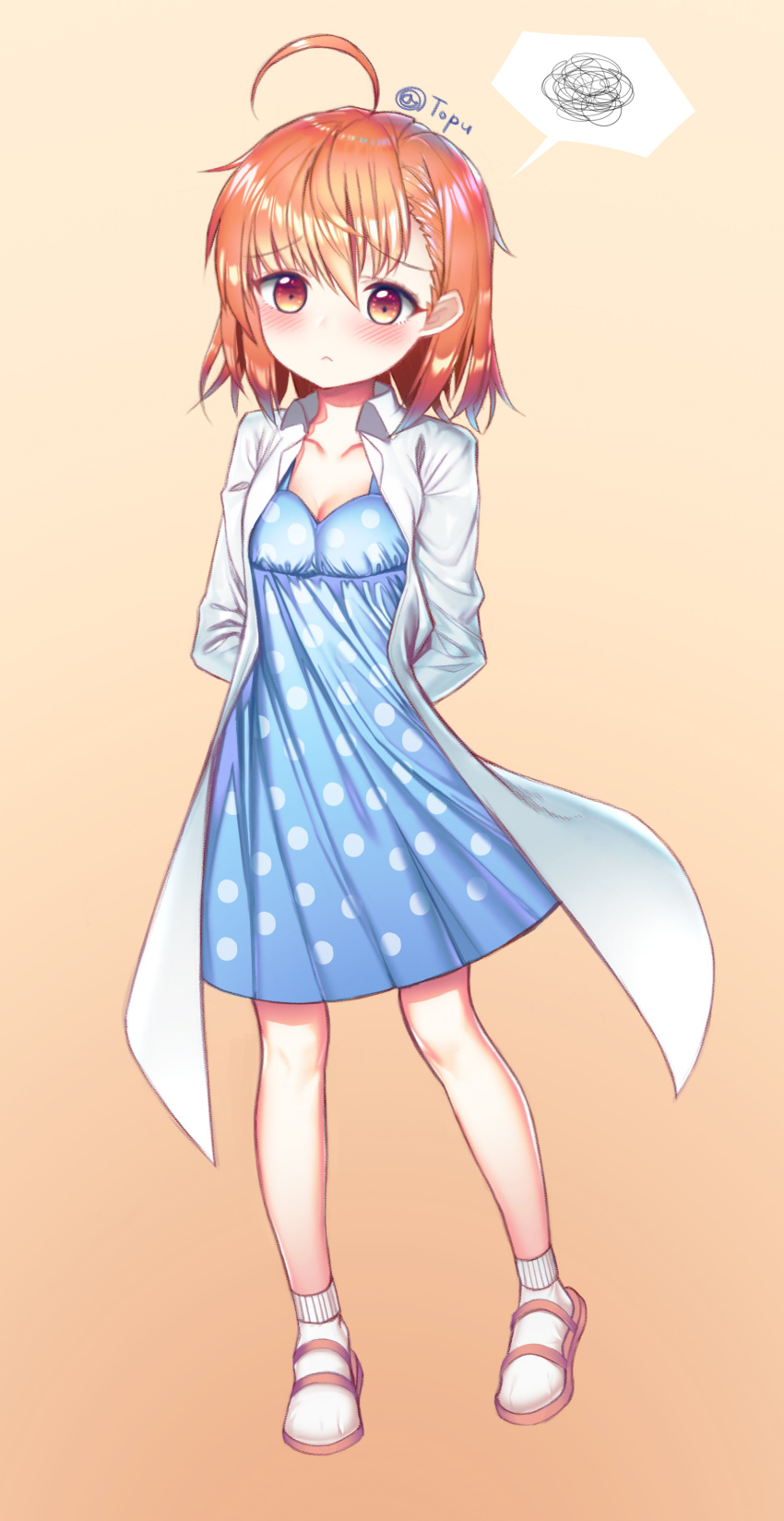 1girl, absurdres, ahoge, blush, brown_eyes, brown_hair, dress, gradient, gradient_background, highres, last_order, short_hair, solo, standing, to_aru_kagaku_no_railgun, to_aru_majutsu_no_index, tttanggvl, white_coat