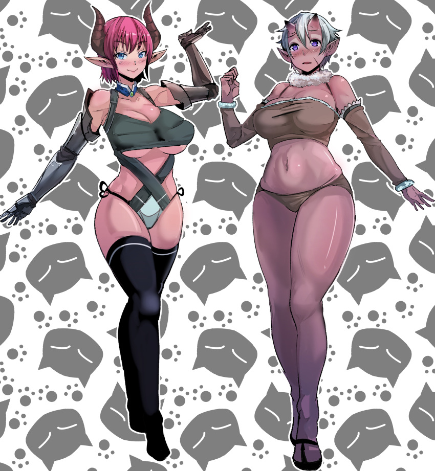 2girls, absurdres, bangs, bare_shoulders, black_legwear, blue_eyes, blush, breasts