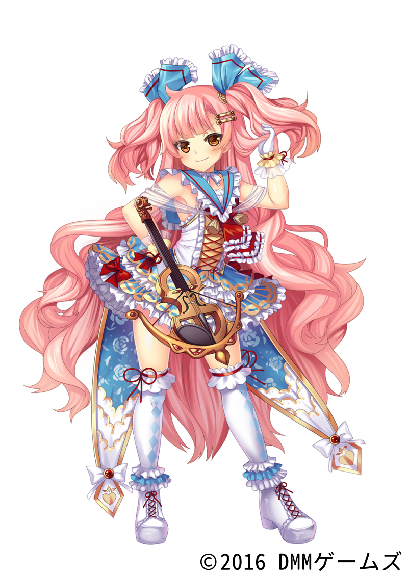 1girl, adjusting_hair, bow, bow_(weapon), brown_eyes, crossbow, dmm, frilled_skirt, frills, full_body, girls_symphony, gloves, hair_ornament, hairclip, instrument, long_hair, matatabi_maru, nelly_vieuxtemps_(girls_symphony), official_art, pink_hair, red_bow, school_uniform, serafuku, skirt, smile, standing, very_long_hair, violin, weapon, weaponized_instrument, white_footwear, white_gloves, white_legwear