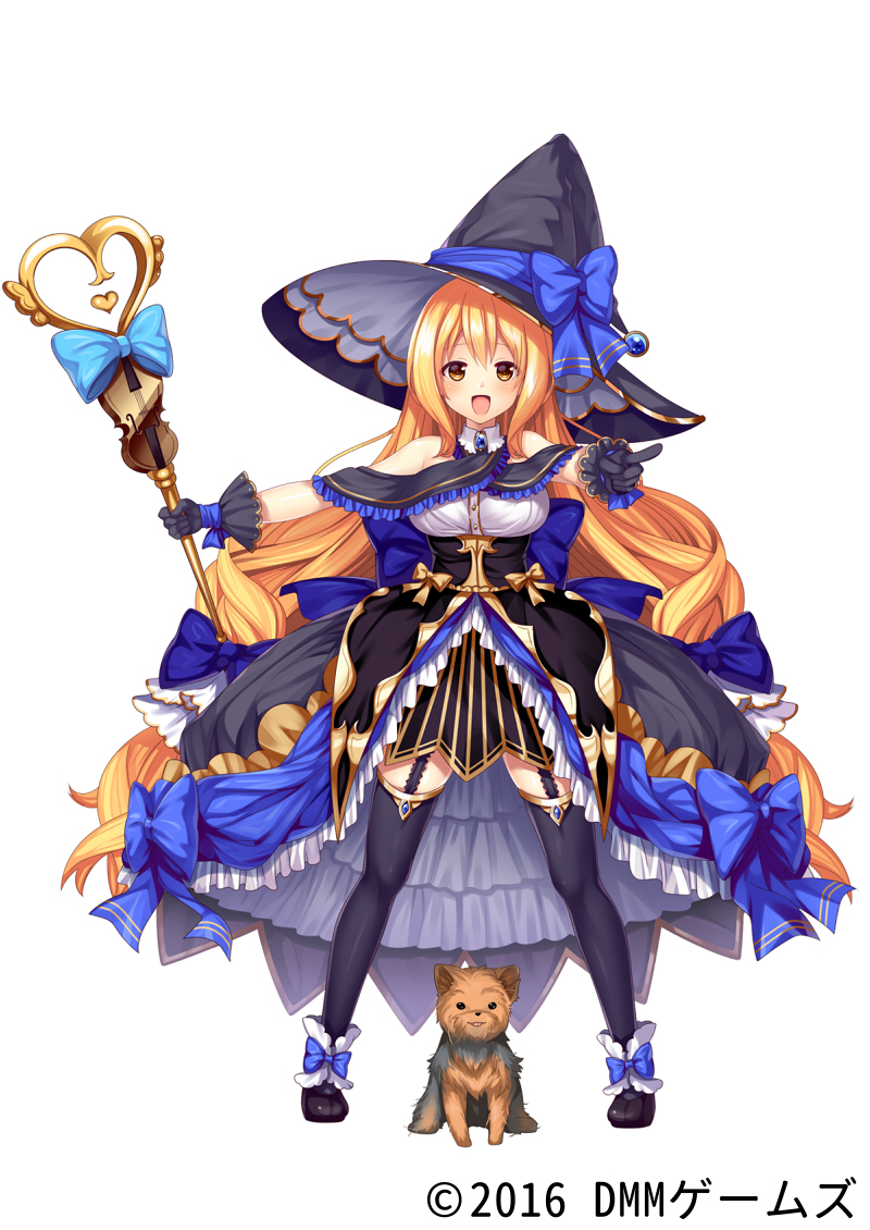 :d, black_footwear, black_gloves, black_hat, black_legwear, blue_bow, bow, brown_eyes