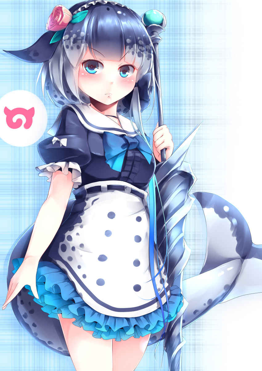 >:(, 1girl, absurdres, bangs, blue_dress, blue_eyes, blue_hair, blue_ribbon
