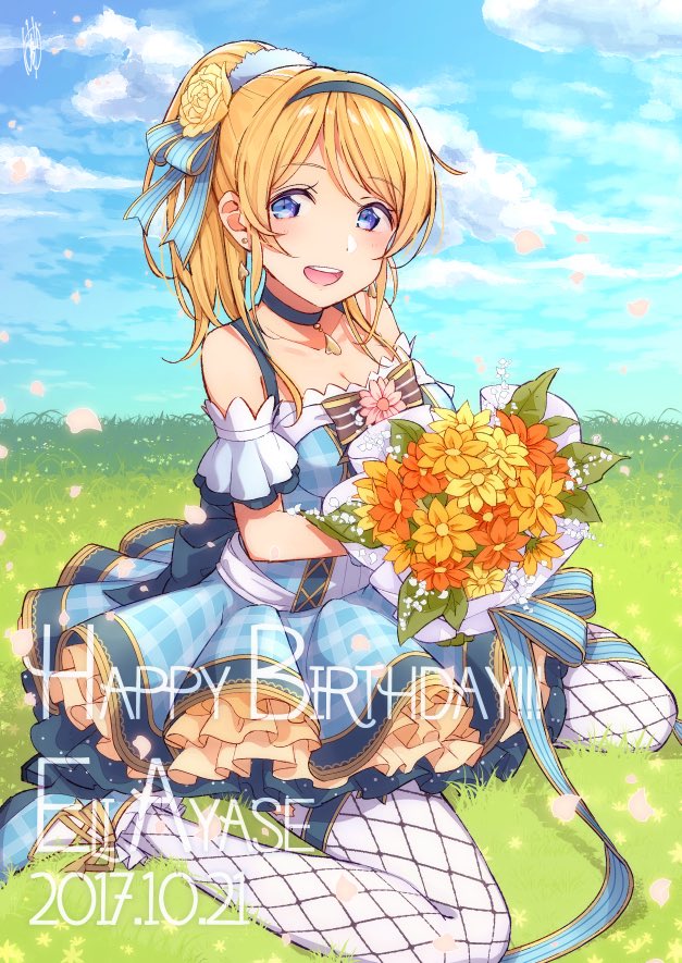 1girl, ayase_eli, blonde_hair, blue_eyes, blue_sky, bouquet, bow, character_name