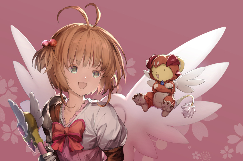 1girl, absurdres, antenna_hair, brown_hair, card, card_captor_sakura, cosplay, djeeta_(granblue_fantasy)
