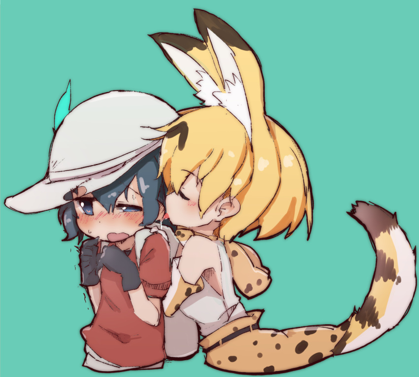2girls, animal_ears, aqua_background, backpack, bag, bare_shoulders, belt, black_eyes