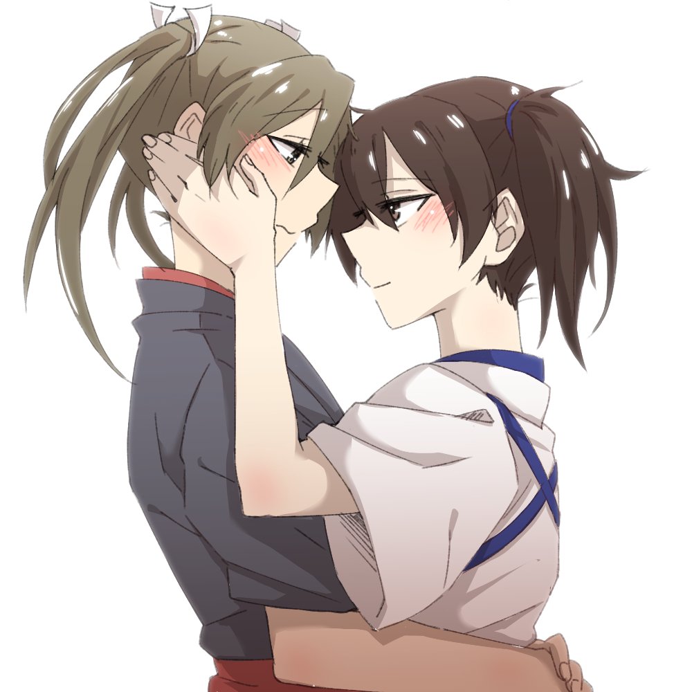 2girls, arms_around_waist, blush, eye_contact, grey_hair, hair_ribbon, hand_on_another's_face, japanese_clothes