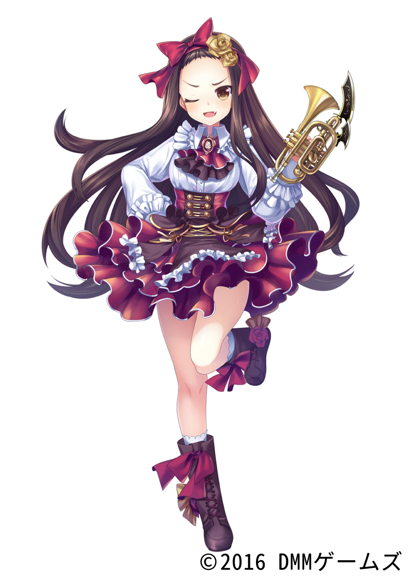 1girl, ;d, bow, brown_eyes, brown_footwear, brown_hair, flower, frilled_skirt, frills, girls_symphony, hair_bow, hair_flower, hair_ornament, hand_on_hip, instrument, long_hair, looking_at_viewer, matatabi_maru, monica_ravel, official_art, one_eye_closed, open_mouth, pink_bow, red_skirt, skirt, smile, solo, standing, standing_on_one_leg, trumpet, weaponized_instrument