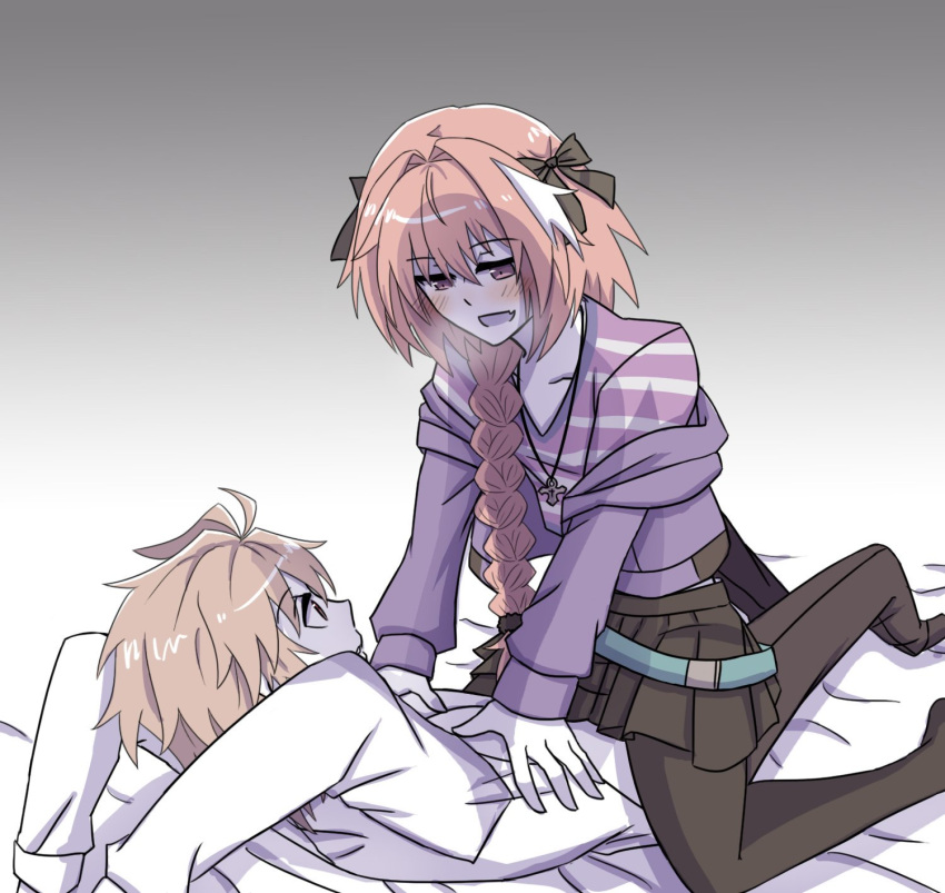 2boys, ahoge, black_legwear, blush, boy_on_top, braid, breath, brown_hair