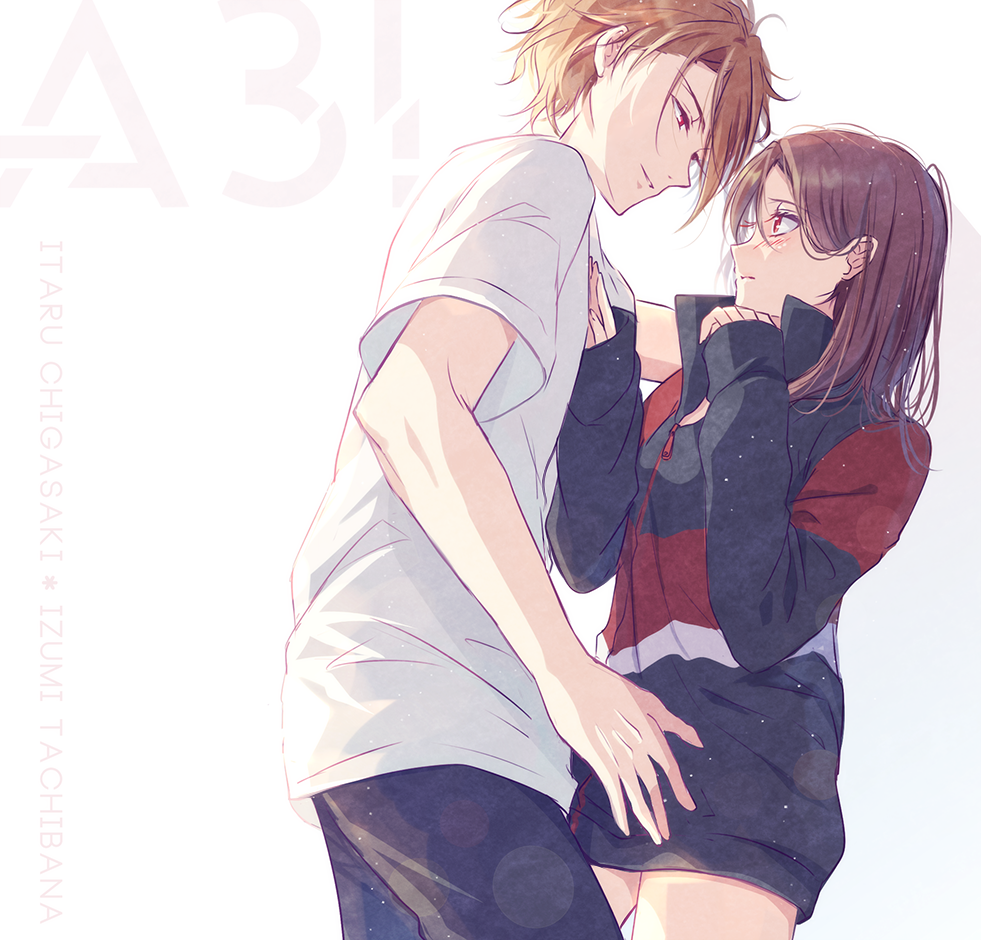 1boy, 1girl, a3!, bangs, blonde_hair, blush, brown_hair, character_name