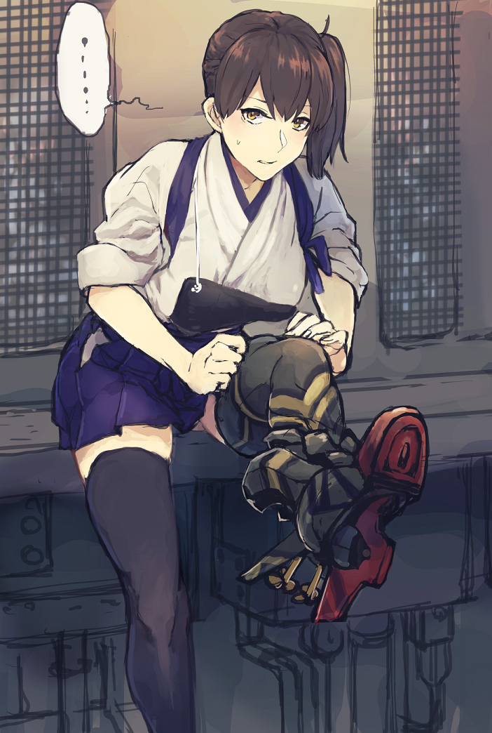 1girl, black_legwear, blush, brown_eyes, brown_hair, fukazaki, hair_between_eyes, japanese_clothes