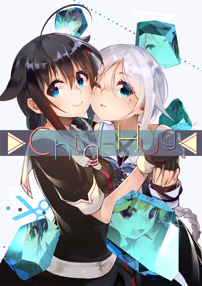 2girls, ahoge, aqua_background, bangs, bare_shoulders, black_gloves, black_hair, black_shirt