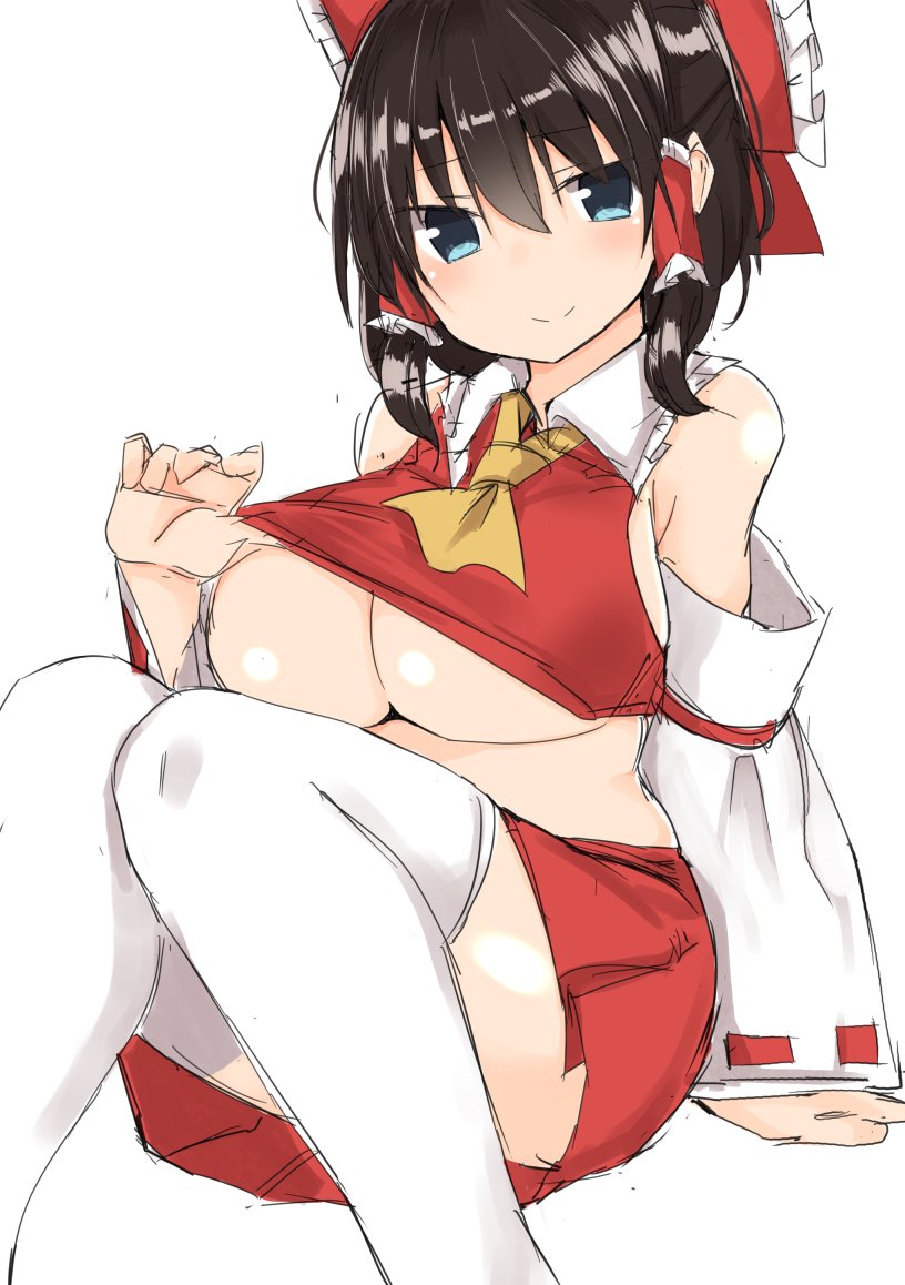 1girl, bare_shoulders, black_hair, blue_eyes, blush, breasts, cleavage, curvy, golgi_hon, hair_ribbon, hakurei_reimu, large_breasts, lifted_by_self, looking_at_viewer, necktie, plump, ribbon, shirt, shirt_lift, short_hair, sitting, skirt, smile, solo, touhou, twintails, under_boob