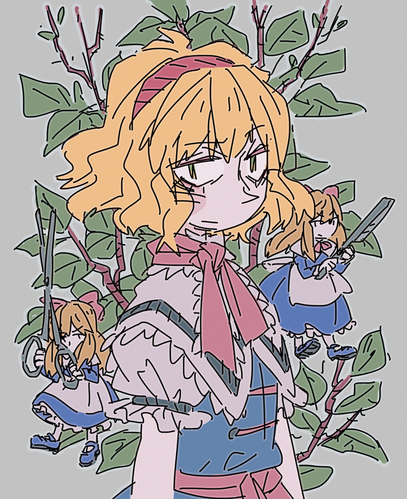 1girl, alice_margatroid, blue_dress, blue_eyes, branch, capelet, closed_mouth, dress