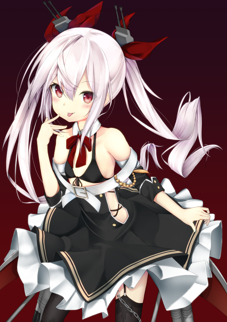 1girl, :p, azur_lane, bangs, bare_shoulders, belt, belt_buckle, black_bra