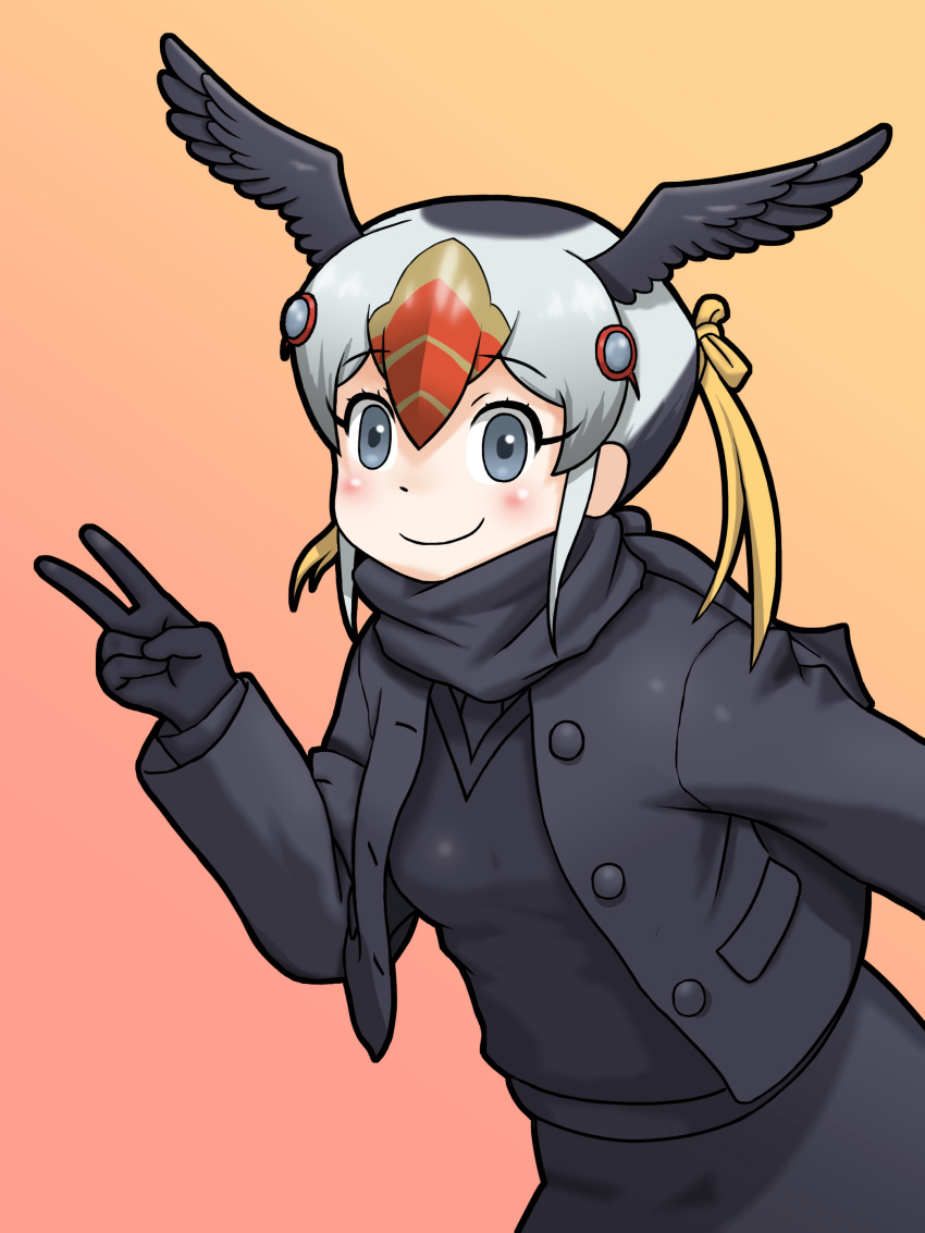 1girl, absurdres, black_hair, blonde_hair, blush, feathered_wings, gloves, grey_eyes, hair_ornament, highres, kemono_friends, mugi_no_hito, multicolored_hair, redhead, scarf, solo, tufted_puffin_(kemono_friends), twintails, v, white_hair, wings