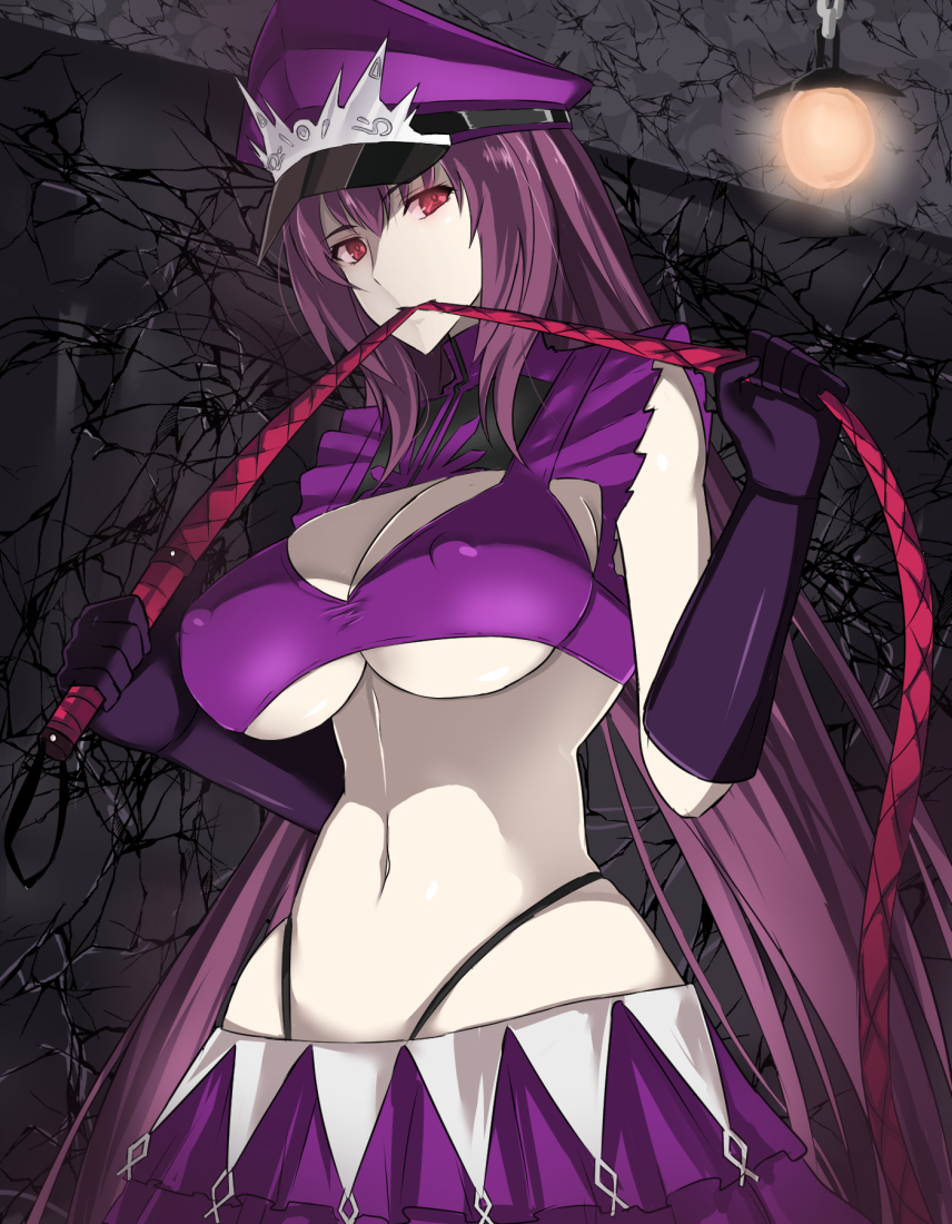 1girl, breasts, cleavage_cutout, closed_mouth, cosplay, cowboy_shot, dominatrix, erect_nipples
