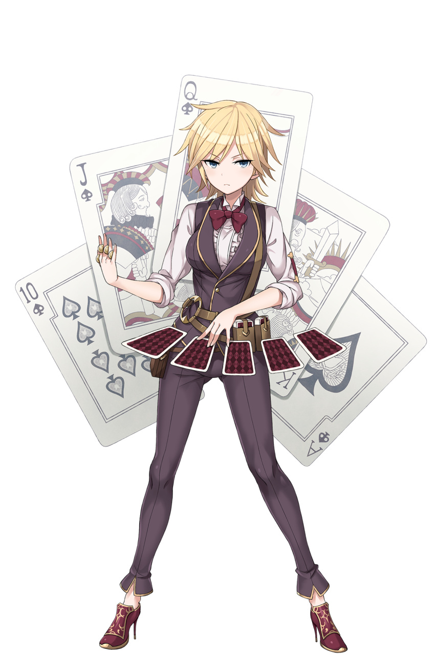 1girl, ace_of_spades, belt, belt_pouch, black_pants, black_vest, blue_eyes, card
