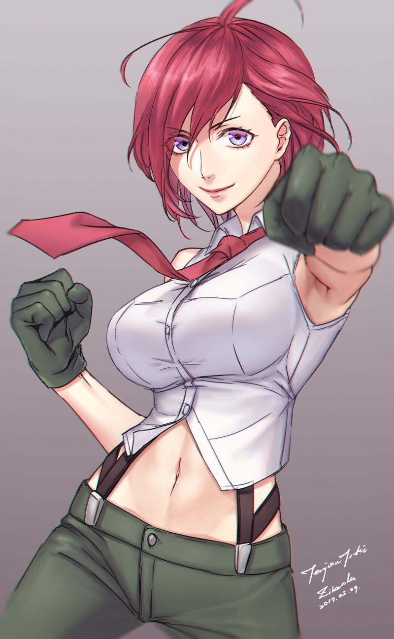 1girl, breasts, clenched_hand, gloves, green_pants, highres, large_breasts, lipstick
