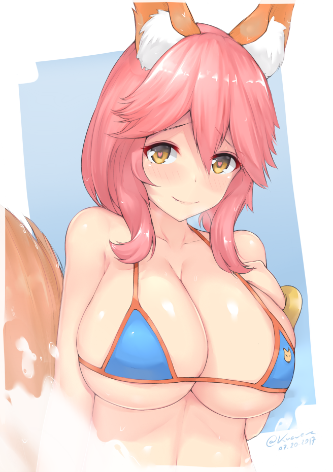1girl, animal_ears, bangs, bare_shoulders, bikini, blue_background, blue_bikini, blush