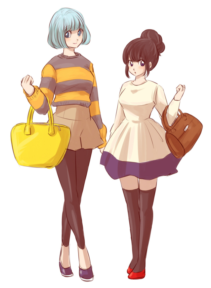 2girls, :o, bag, black_eyes, black_hair, blue_eyes, blue_hair, bulma
