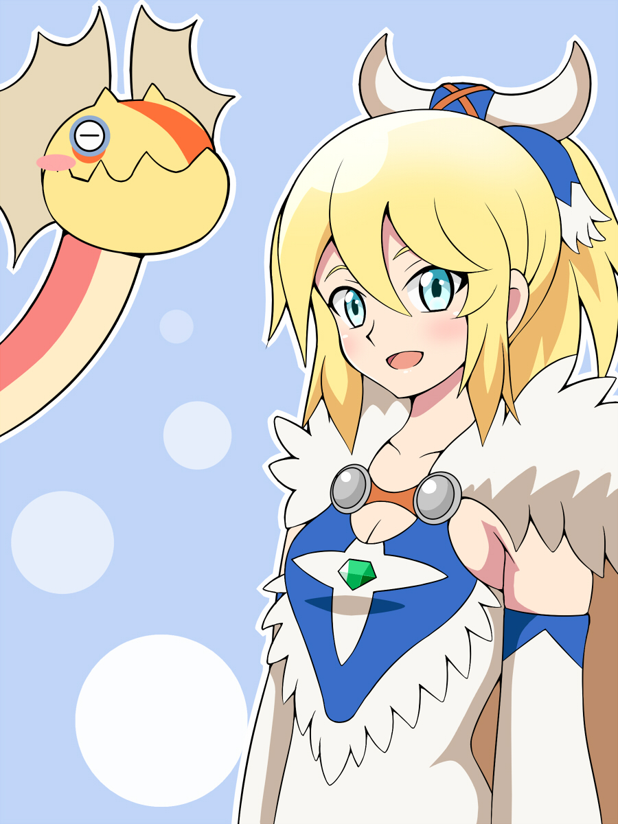 1girl, :d, ayuria, bare_shoulders, blonde_hair, blue_background, blue_eyes, blush